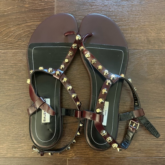 Balenciaga Shoes - Balenciaga Burgundy Leather Studded Sandals.